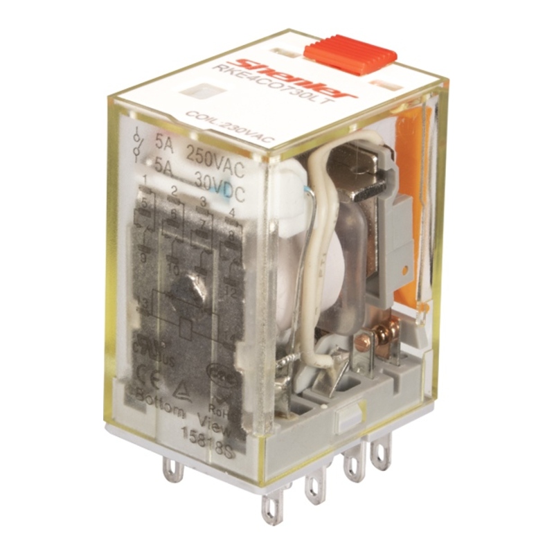RKE4CO730LT - Реле миниатюрное 5A, 4CO, AC 230V (индикатор, LED, кнопка тест) фото 1